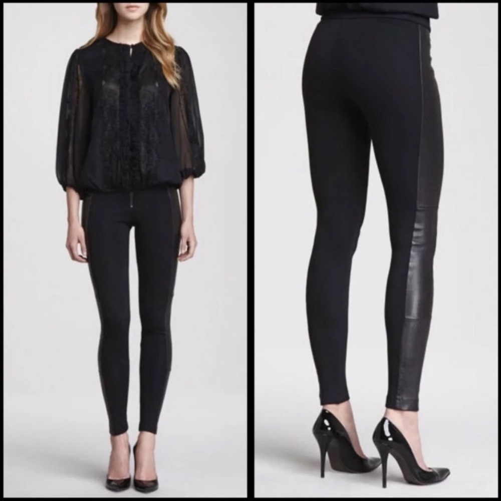 Alice + Olivia Black Lamb Leather Trim Ponte Zipper Detail Pants Size 8/29